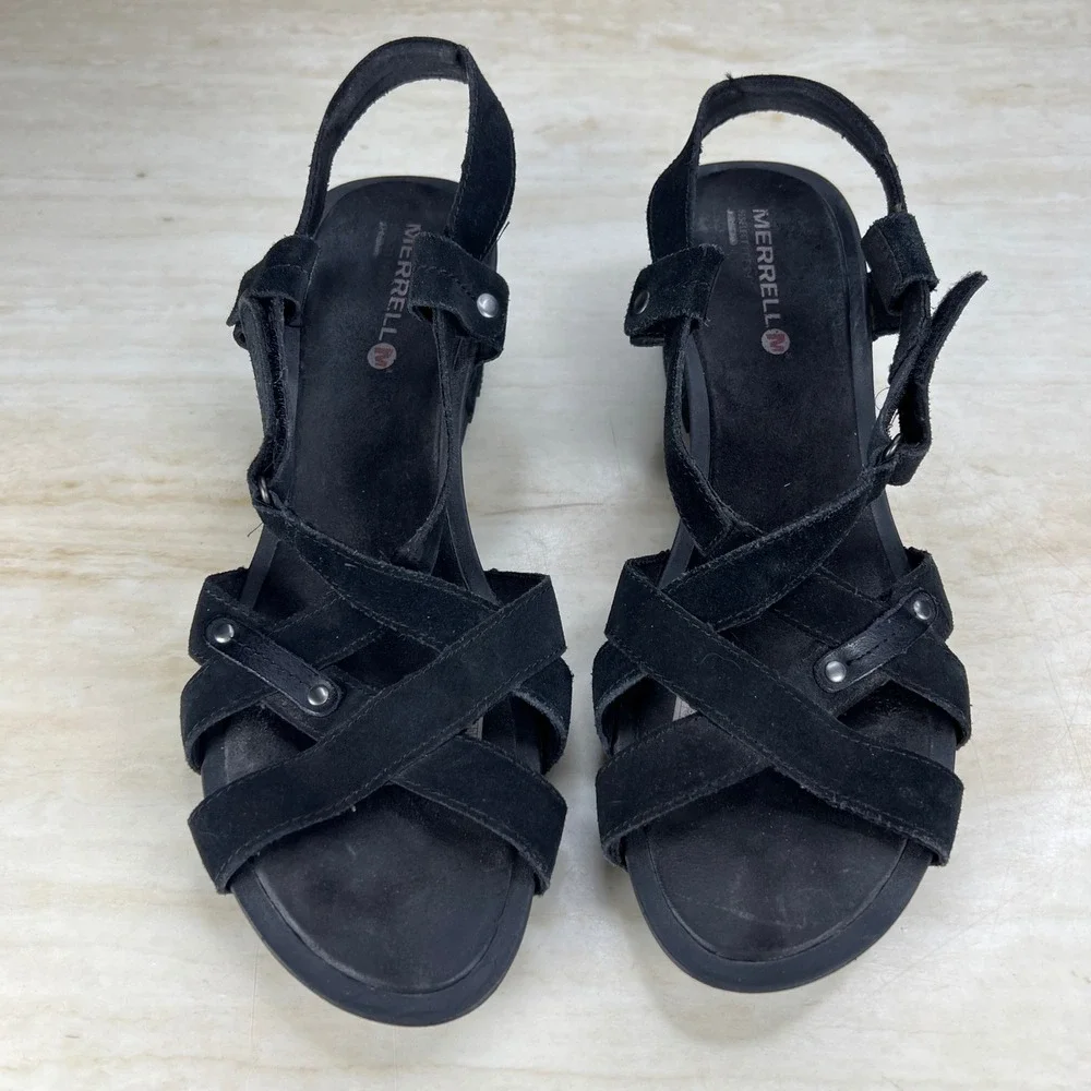 Merrell Black Suede Strappy Wedge Sandals Womens 11 M Select Grip Air Cushion